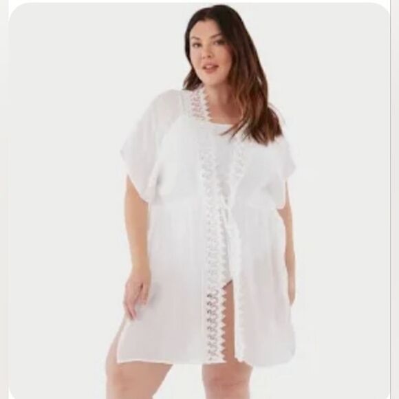 Kensie White Lace Trim Cover-Up Plus Size - Picture 1 of 9